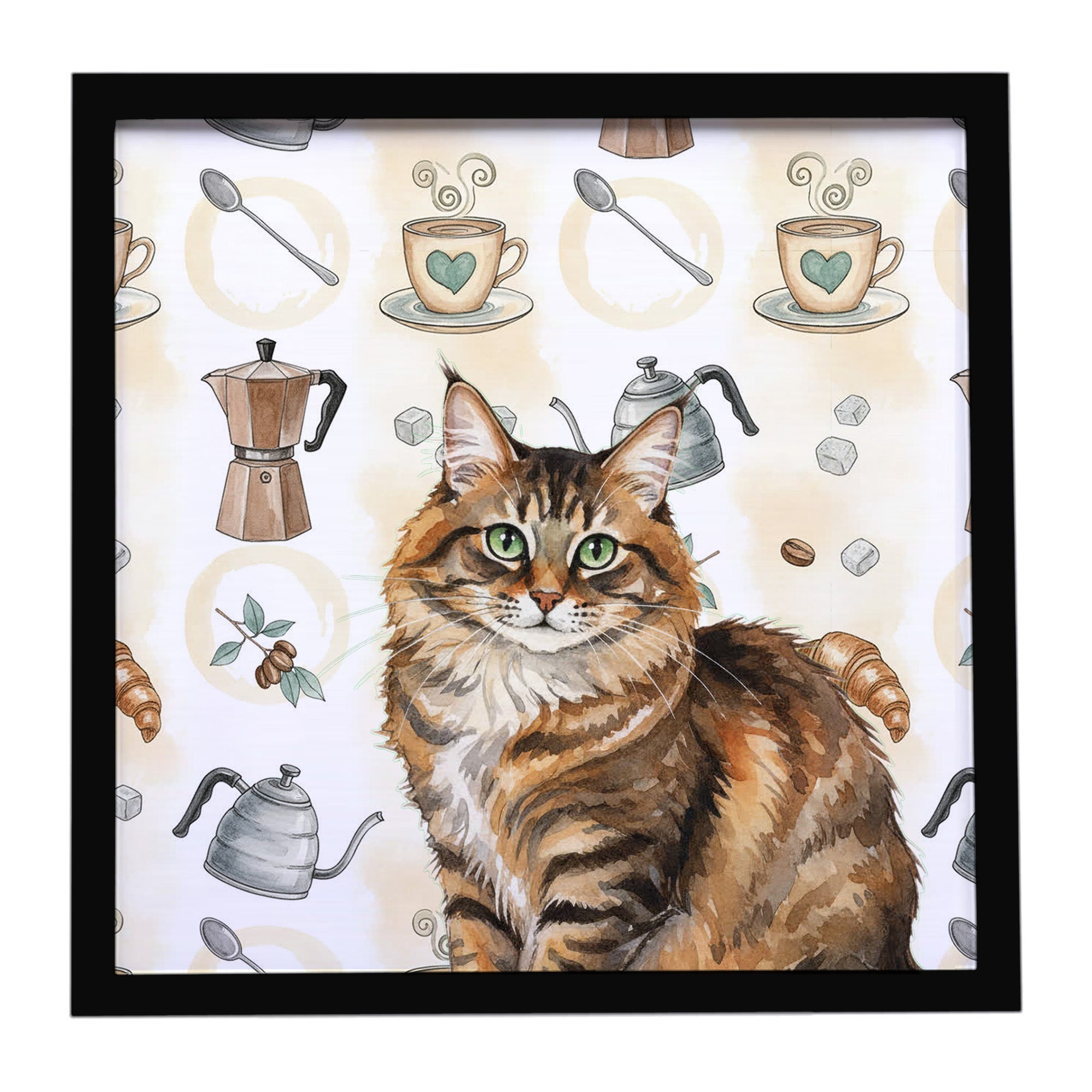 Norwegian Forest Cat Brown Tabby Cat Coffee Time Framed Metal Print Bathroom, Kitchen, Office, Home Decor Wall Art Ready to Hang, Square, 8X8