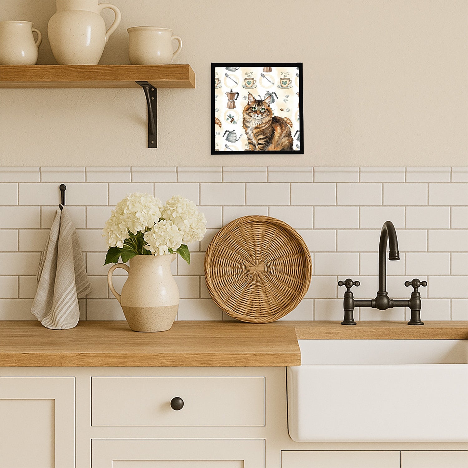 Norwegian Forest Cat Brown Tabby Cat Coffee Time Framed Metal Print Bathroom, Kitchen, Office, Home Decor Wall Art Ready to Hang, Square, 8X8