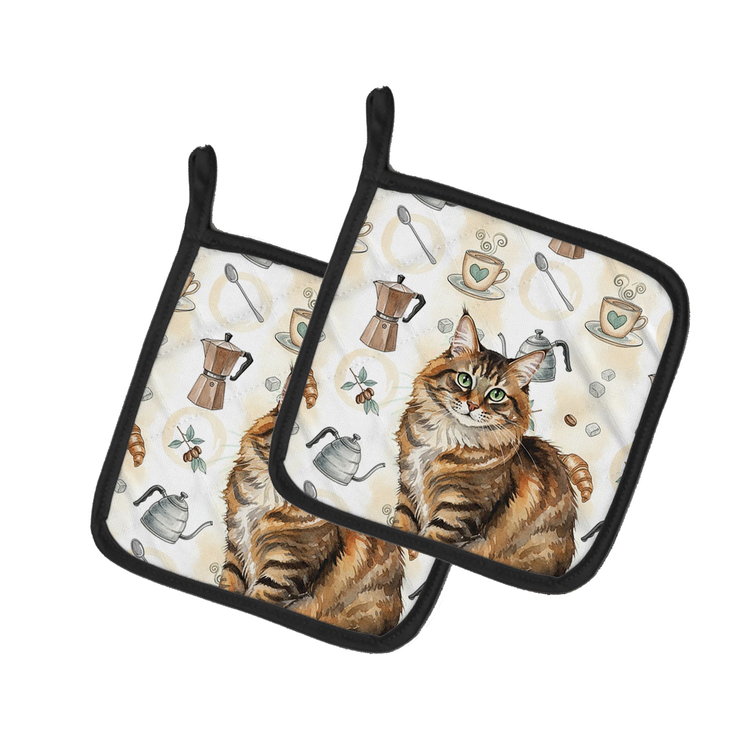 Norwegian Forest Cat Brown Tabby Cat Coffee Time Pot Holder Set of 2 Heat Resistant Quilted Hot Pads 7.5 x 7.5 Inch, Insulated Kitchen Trivets for Cooking & Baking