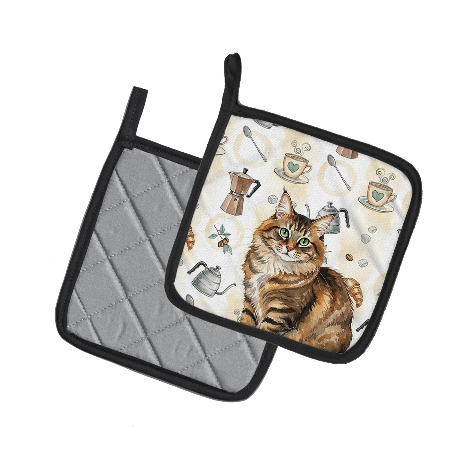 Norwegian Forest Cat Brown Tabby Cat Coffee Time Pot Holder Set of 2 Heat Resistant Quilted Hot Pads 7.5 x 7.5 Inch, Insulated Kitchen Trivets for Cooking & Baking