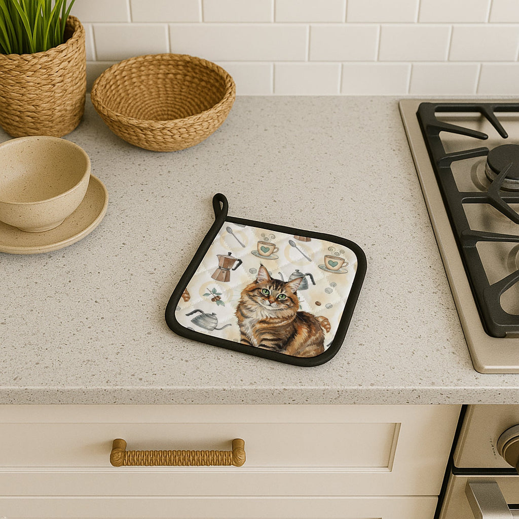Norwegian Forest Cat Brown Tabby Cat Coffee Time Pot Holder Set of 2 Heat Resistant Quilted Hot Pads 7.5 x 7.5 Inch, Insulated Kitchen Trivets for Cooking & Baking