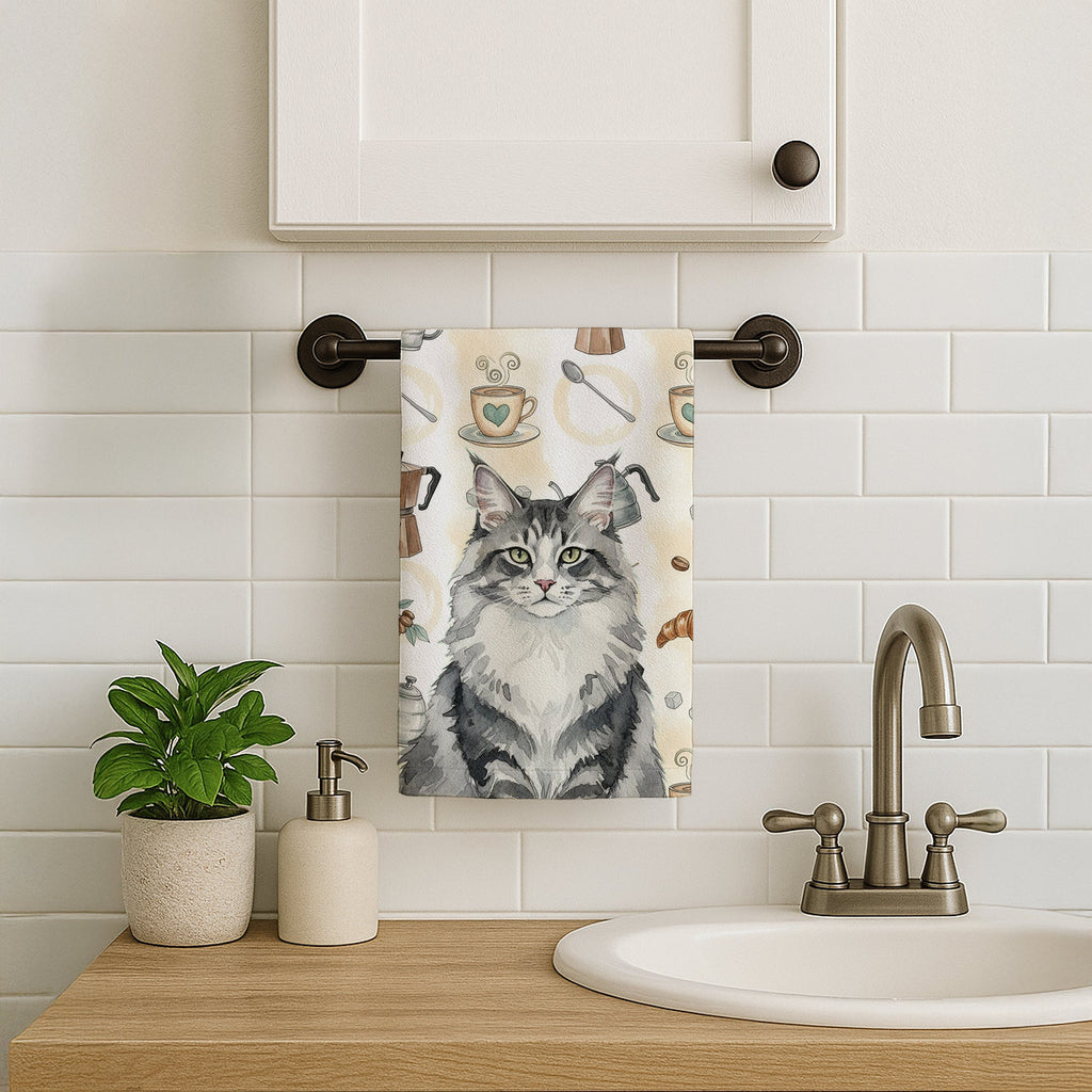 Norwegian Forest Cat Gray and White Cat Coffee Time Kitchen Towel Velour Plush Front and Cotton Loop Back Machine Washable