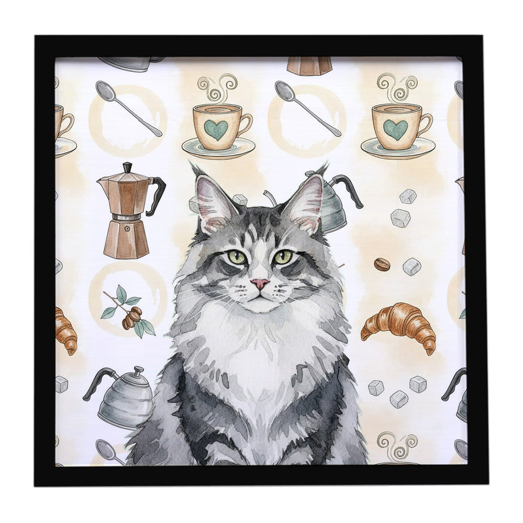 Norwegian Forest Cat Gray and White Cat Coffee Time Framed Metal Print Bathroom, Kitchen, Office, Home Decor Wall Art Ready to Hang, Square, 8X8