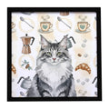 Norwegian Forest Cat Gray and White Cat Coffee Time Framed Metal Print Bathroom, Kitchen, Office, Home Decor Wall Art Ready to Hang, Square, 8X8
