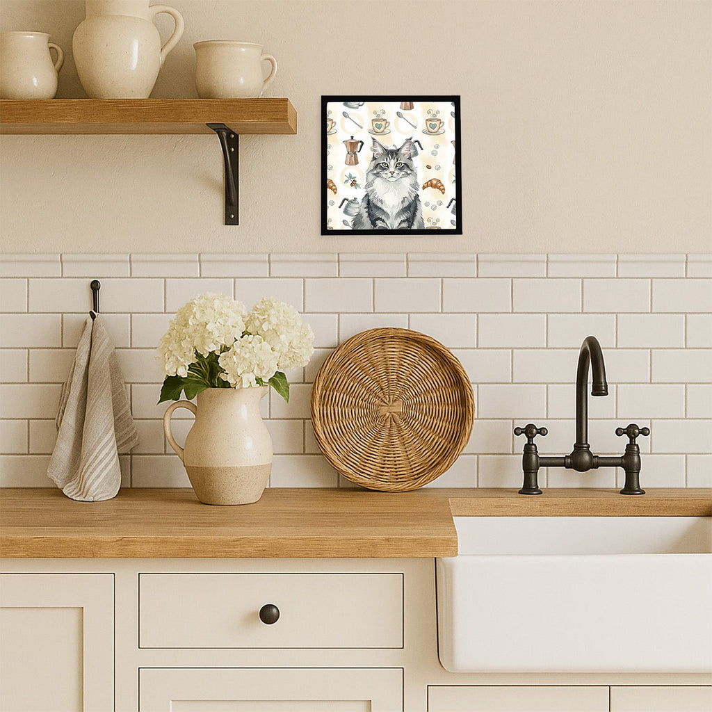 Norwegian Forest Cat Gray and White Cat Coffee Time Framed Metal Print Bathroom, Kitchen, Office, Home Decor Wall Art Ready to Hang, Square, 8X8