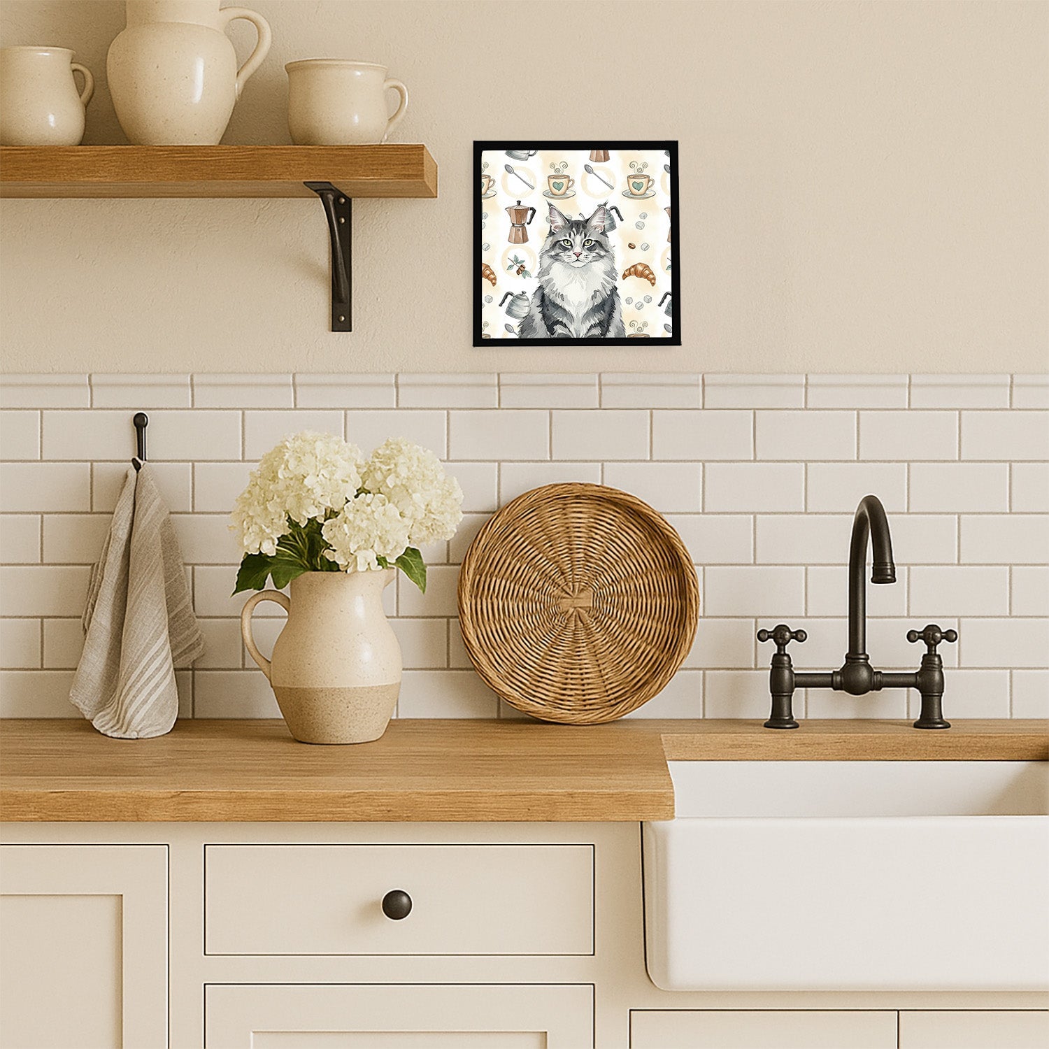 Norwegian Forest Cat Gray and White Cat Coffee Time Framed Metal Print Bathroom, Kitchen, Office, Home Decor Wall Art Ready to Hang, Square, 8X8