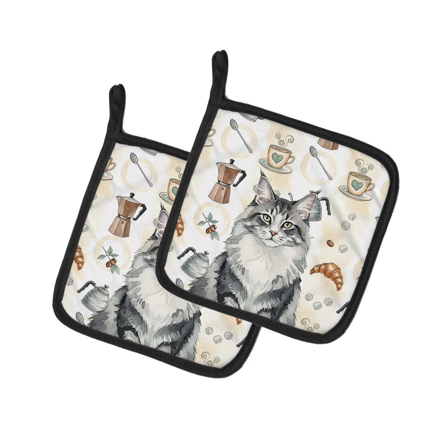 Norwegian Forest Cat Gray and White Cat Coffee Time Pot Holder Set of 2 Heat Resistant Quilted Hot Pads 7.5 x 7.5 Inch, Insulated Kitchen Trivets for Cooking & Baking