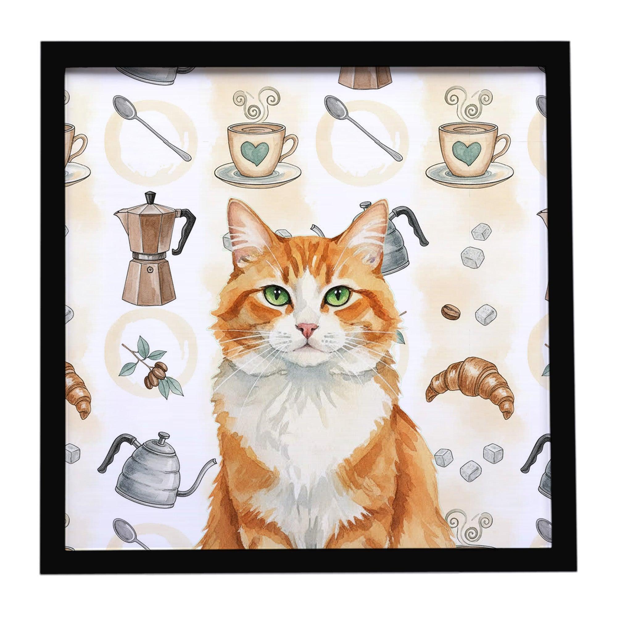 Orange and White Cat Coffee Time Framed Metal Print Bathroom, Kitchen, Office, Home Decor Wall Art Ready to Hang, Square, 8X8