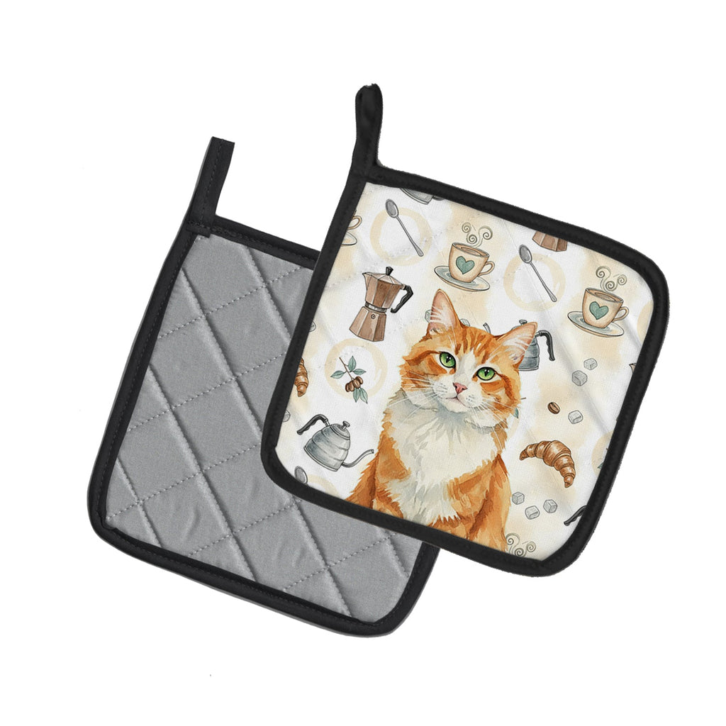 Orange and White Cat Coffee Time Pot Holder Set of 2 Heat Resistant Quilted Hot Pads 7.5 x 7.5 Inch, Insulated Kitchen Trivets for Cooking & Baking