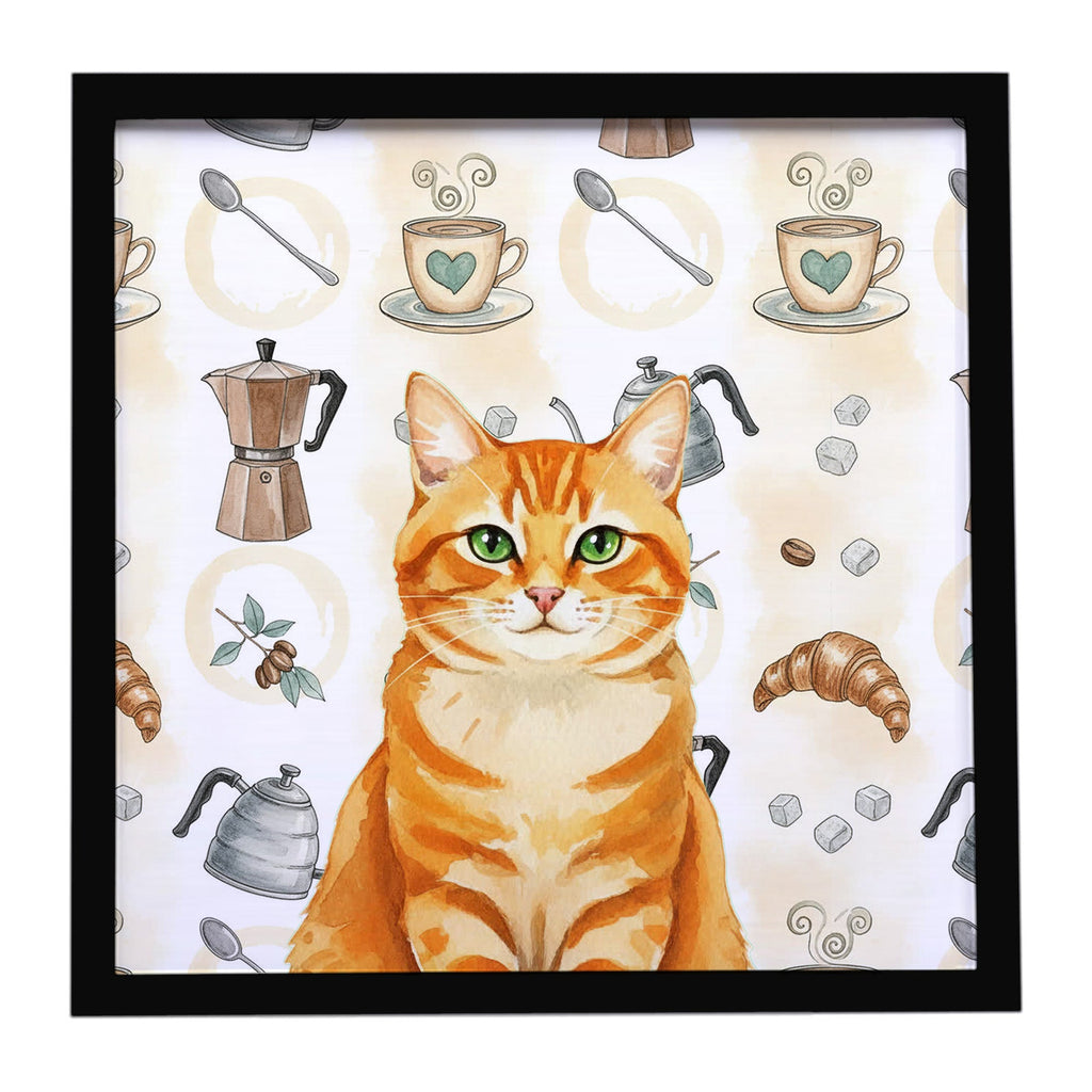 Orange Classic Tabby Cat Coffee Time Framed Metal Print Bathroom, Kitchen, Office, Home Decor Wall Art Ready to Hang, Square, 8X8