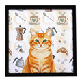 Orange Classic Tabby Cat Coffee Time Framed Metal Print Bathroom, Kitchen, Office, Home Decor Wall Art Ready to Hang, Square, 8X8