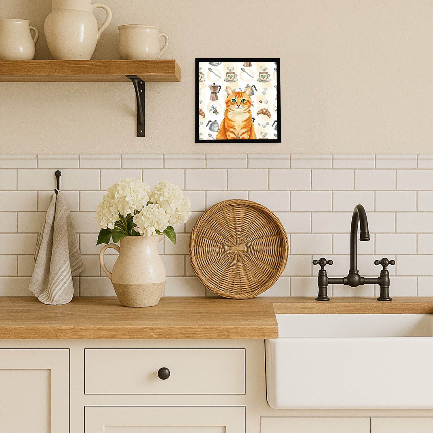 Orange Classic Tabby Cat Coffee Time Framed Metal Print Bathroom, Kitchen, Office, Home Decor Wall Art Ready to Hang, Square, 8X8