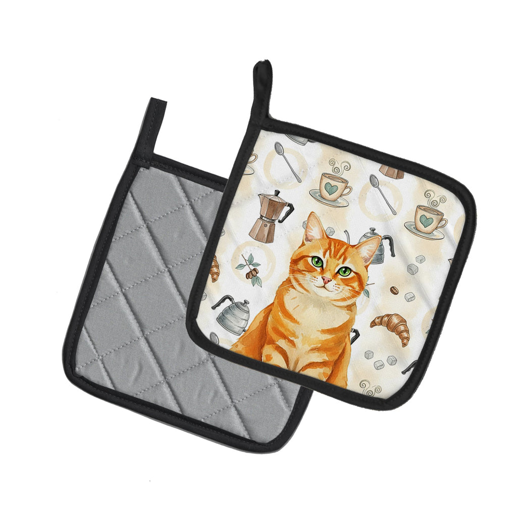 Orange Classic Tabby Cat Coffee Time Pot Holder Set of 2 Heat Resistant Quilted Hot Pads 7.5 x 7.5 Inch, Insulated Kitchen Trivets for Cooking & Baking