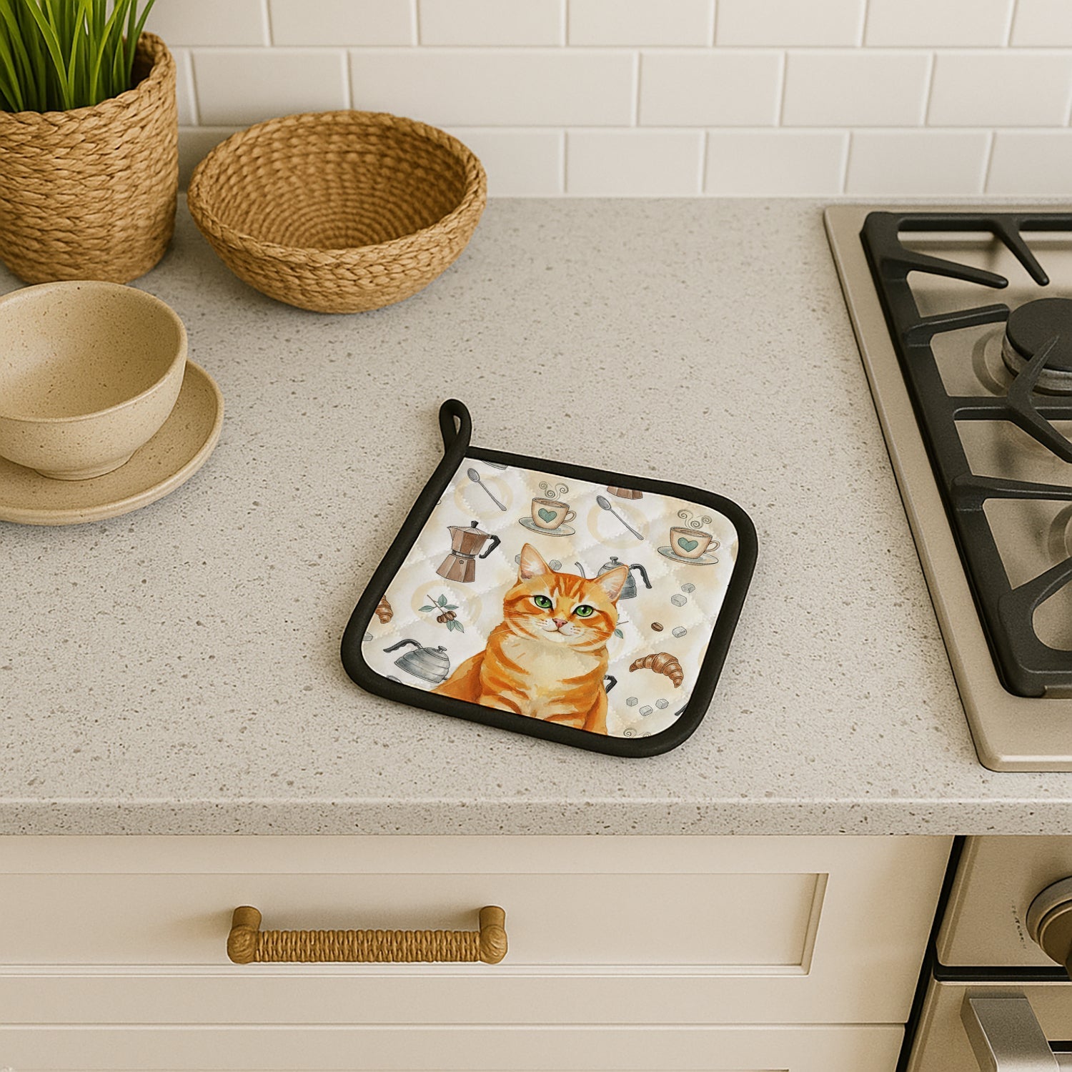 Orange Classic Tabby Cat Coffee Time Pot Holder Set of 2 Heat Resistant Quilted Hot Pads 7.5 x 7.5 Inch, Insulated Kitchen Trivets for Cooking & Baking