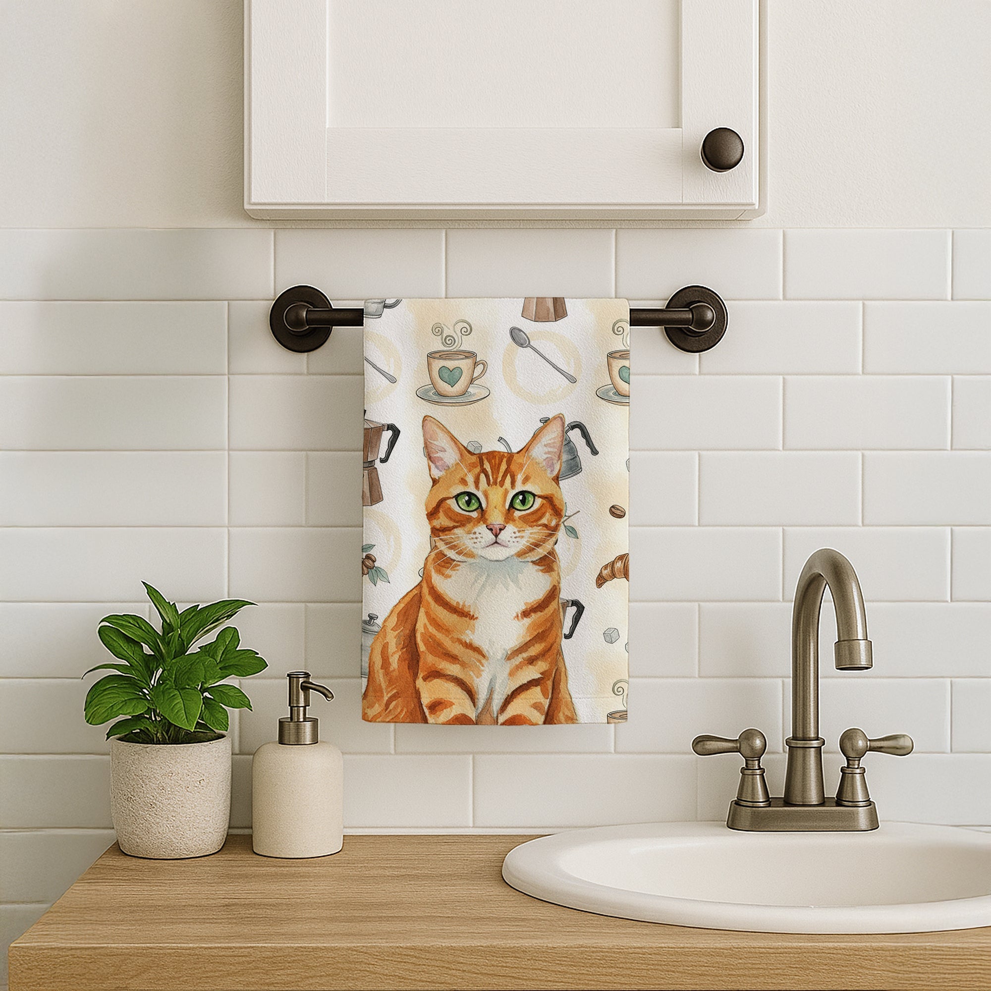 Orange Mackerel Tabby Cat Coffee Time Kitchen Towel Velour Plush Front and Cotton Loop Back Machine Washable