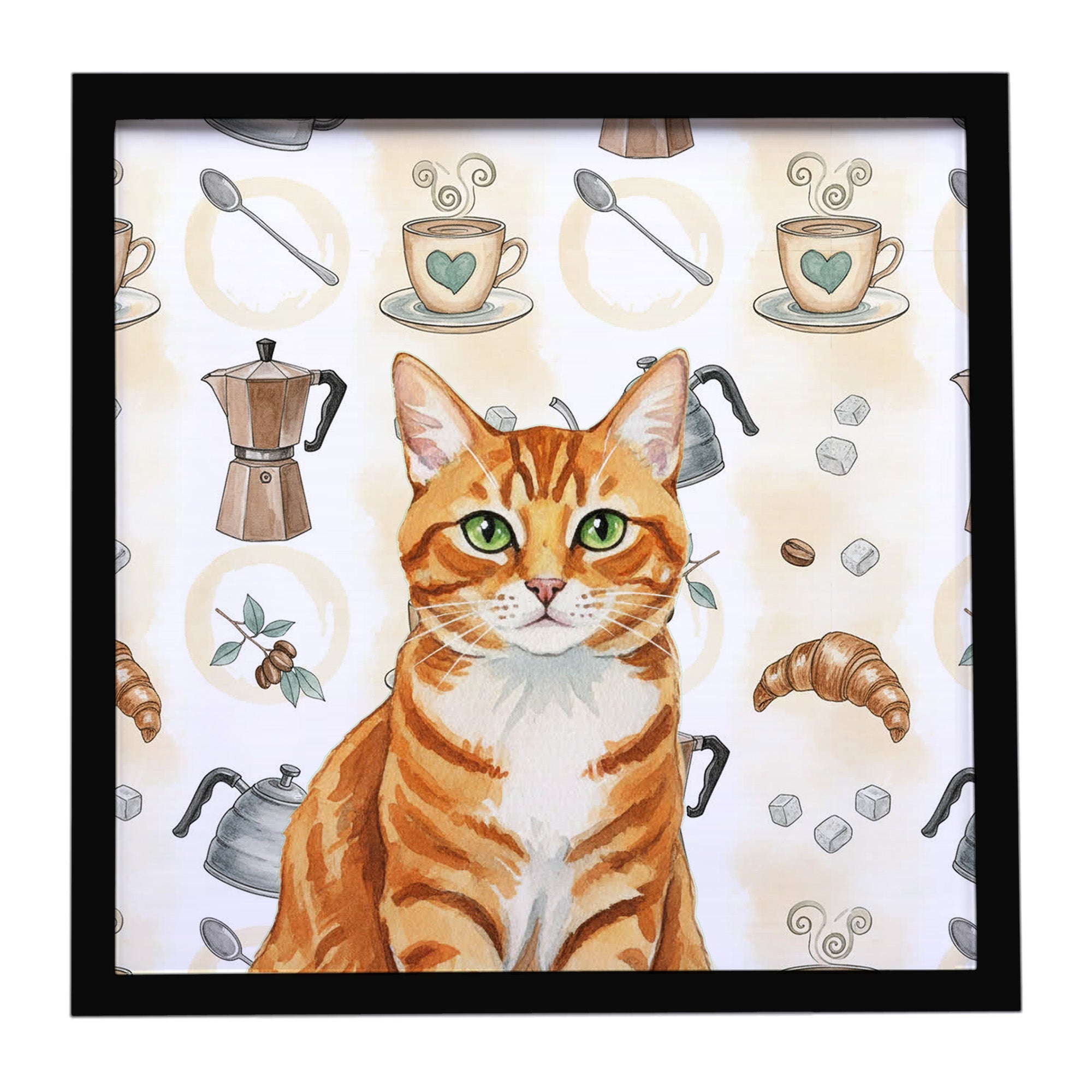 Orange Mackerel Tabby Cat Coffee Time Framed Metal Print Bathroom, Kitchen, Office, Home Decor Wall Art Ready to Hang, Square, 8X8