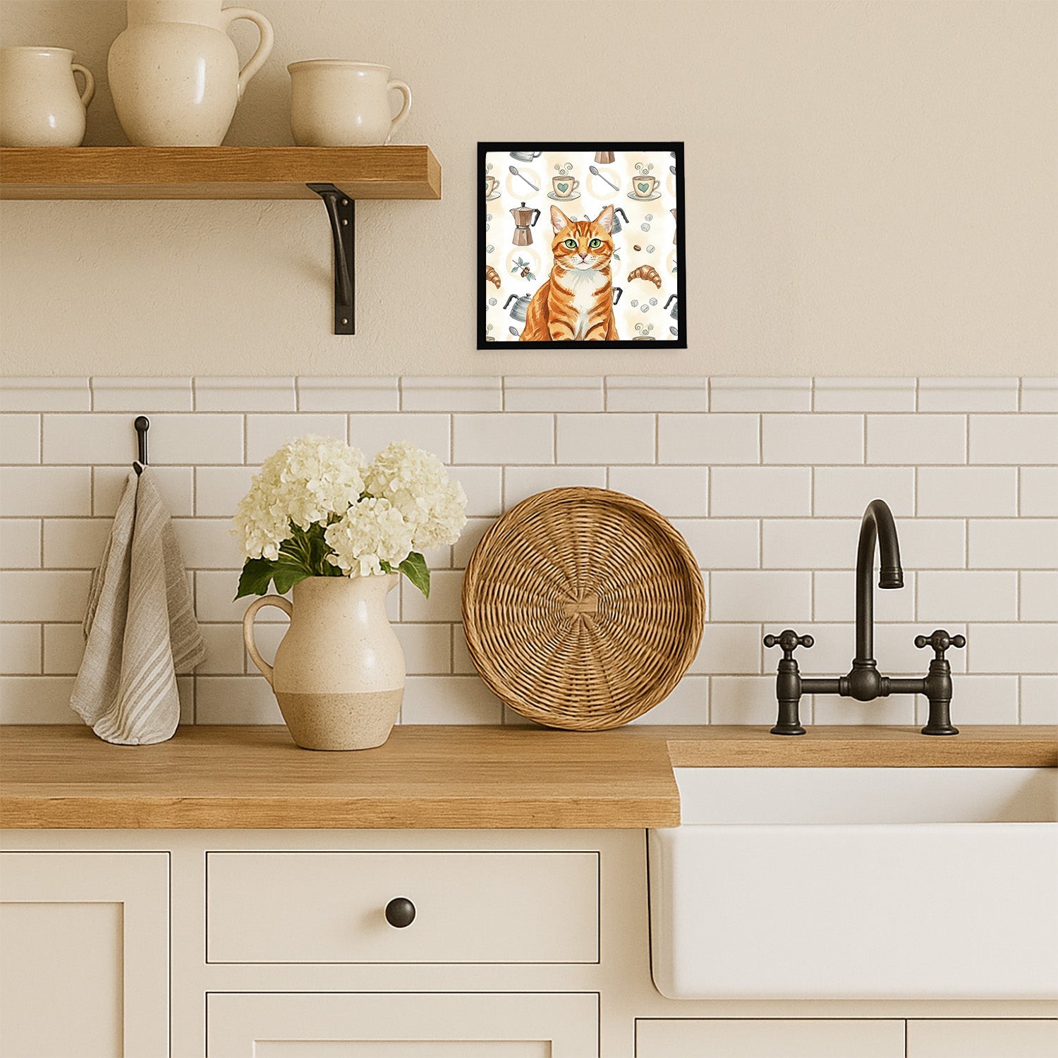 Orange Mackerel Tabby Cat Coffee Time Framed Metal Print Bathroom, Kitchen, Office, Home Decor Wall Art Ready to Hang, Square, 8X8