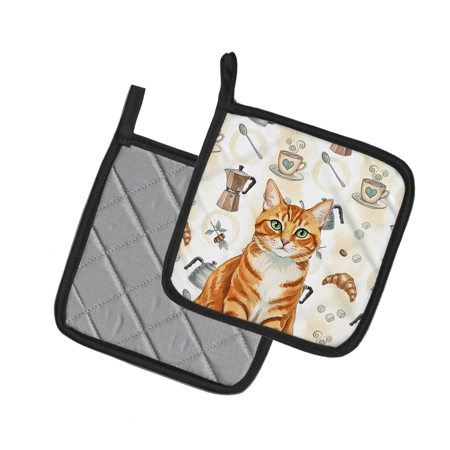 Orange Mackerel Tabby Cat Coffee Time Pot Holder Set of 2 Heat Resistant Quilted Hot Pads 7.5 x 7.5 Inch, Insulated Kitchen Trivets for Cooking & Baking