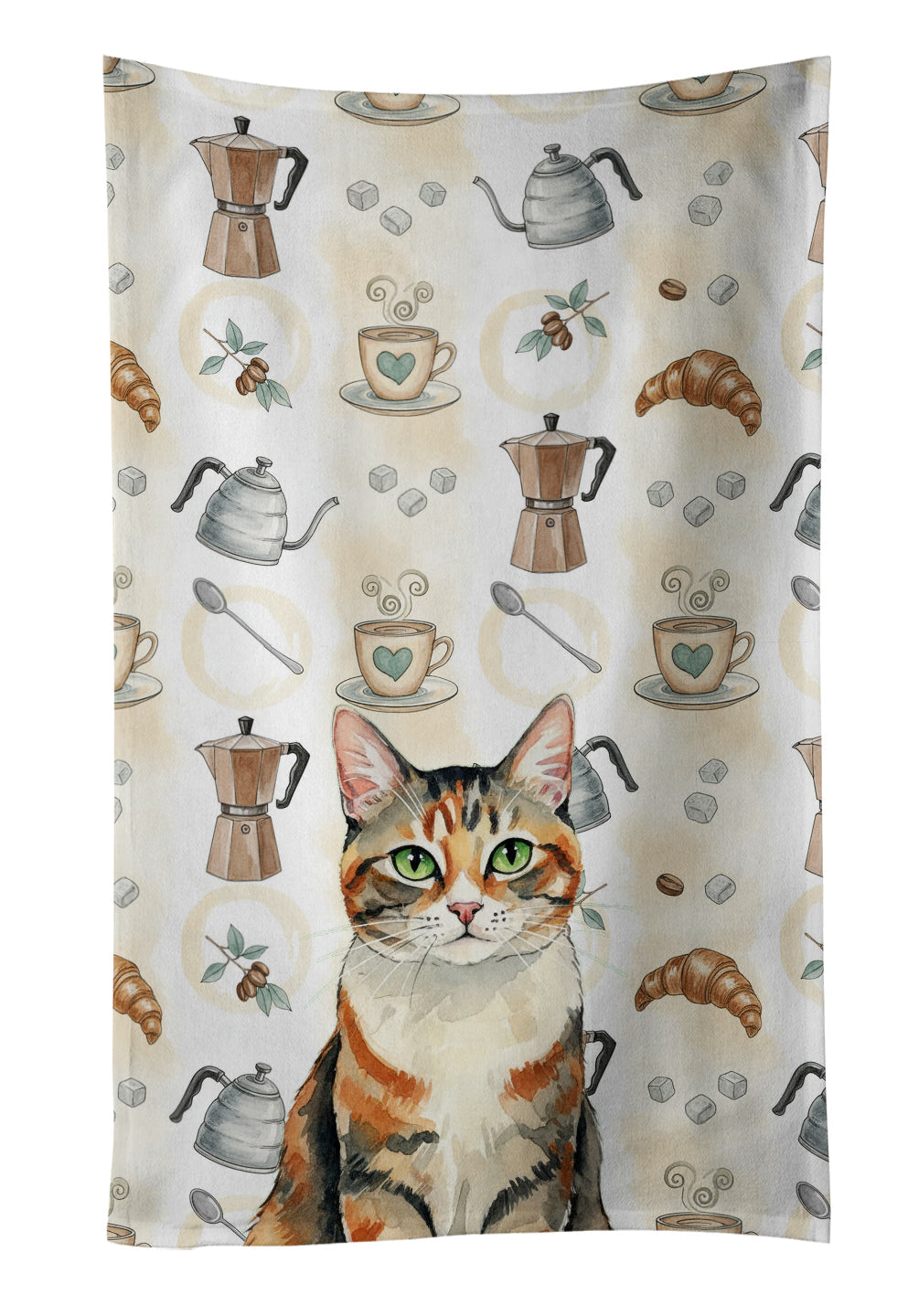 Patched Tabby Cat Coffee Time Kitchen Towel Velour Plush Front and Cotton Loop Back Machine Washable