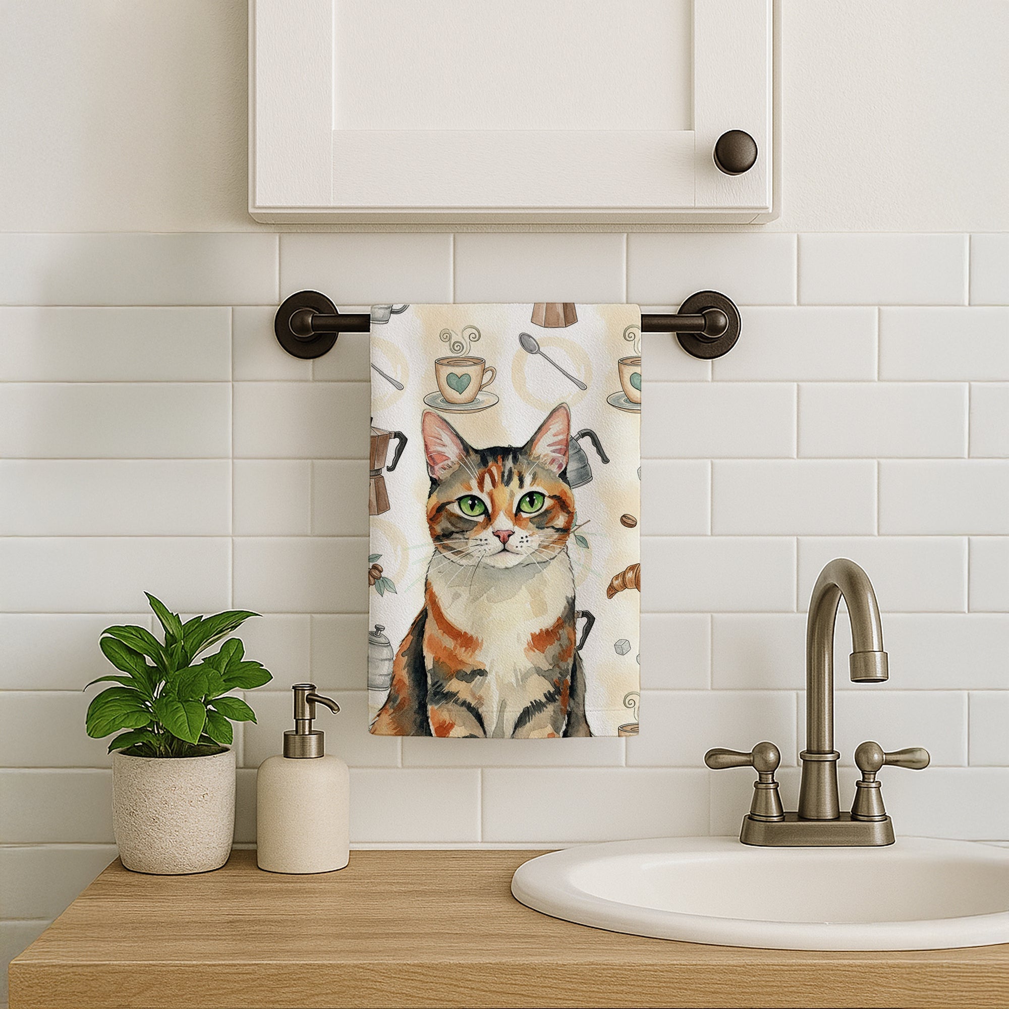 Patched Tabby Cat Coffee Time Kitchen Towel Velour Plush Front and Cotton Loop Back Machine Washable