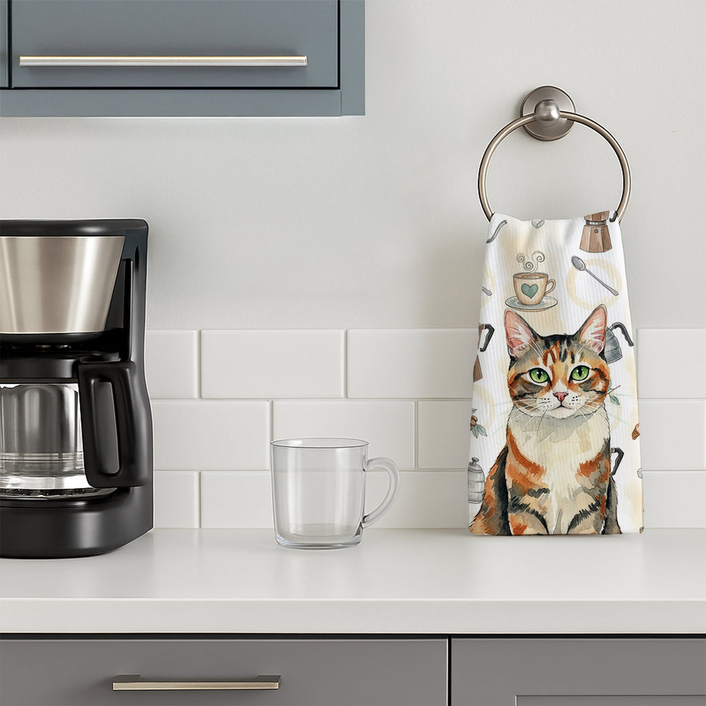 Patched Tabby Cat Coffee Time Kitchen Towel Velour Plush Front and Cotton Loop Back Machine Washable