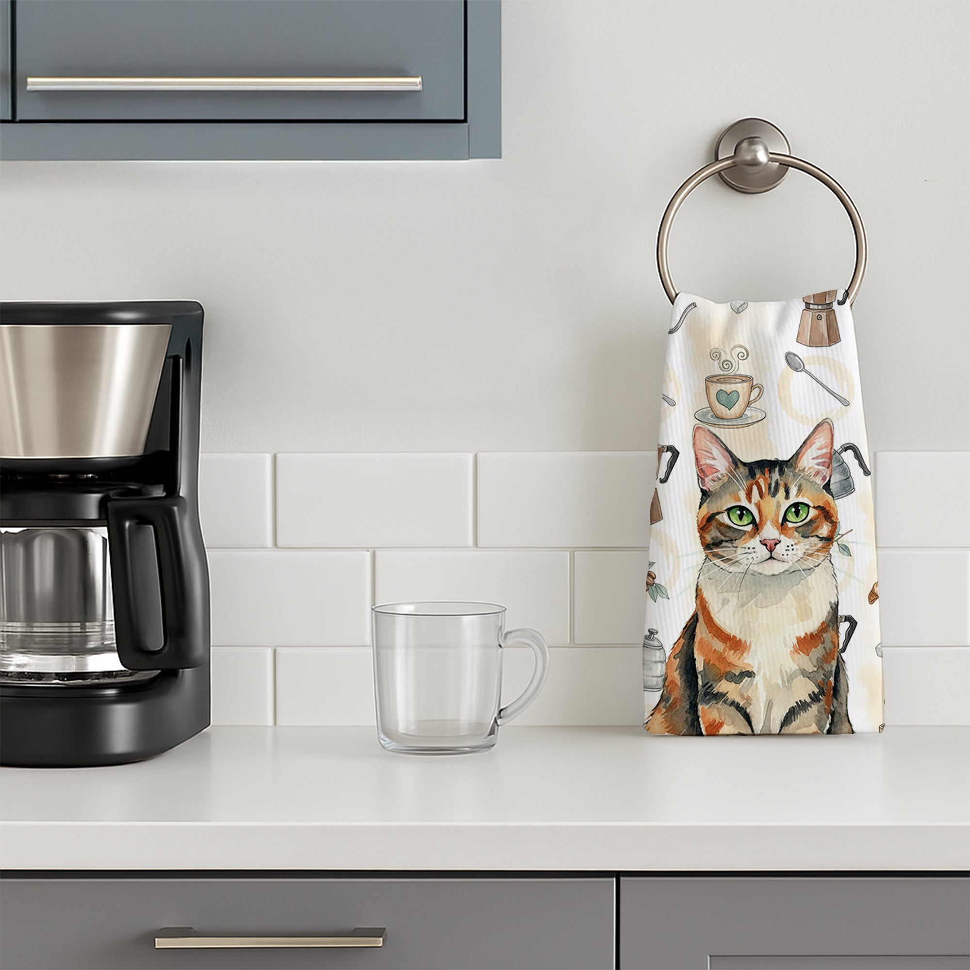 Patched Tabby Cat Coffee Time Kitchen Towel Velour Plush Front and Cotton Loop Back Machine Washable
