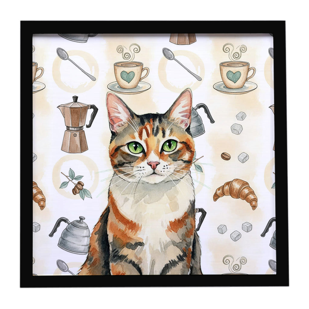 Patched Tabby Cat Coffee Time Framed Metal Print Bathroom, Kitchen, Office, Home Decor Wall Art Ready to Hang, Square, 8X8