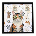 Patched Tabby Cat Coffee Time Framed Metal Print Bathroom, Kitchen, Office, Home Decor Wall Art Ready to Hang, Square, 8X8