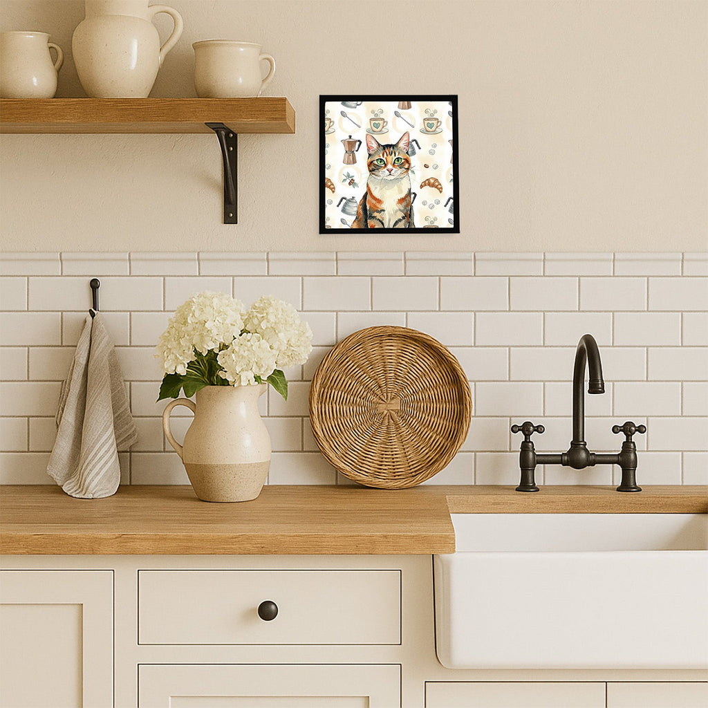 Patched Tabby Cat Coffee Time Framed Metal Print Bathroom, Kitchen, Office, Home Decor Wall Art Ready to Hang, Square, 8X8