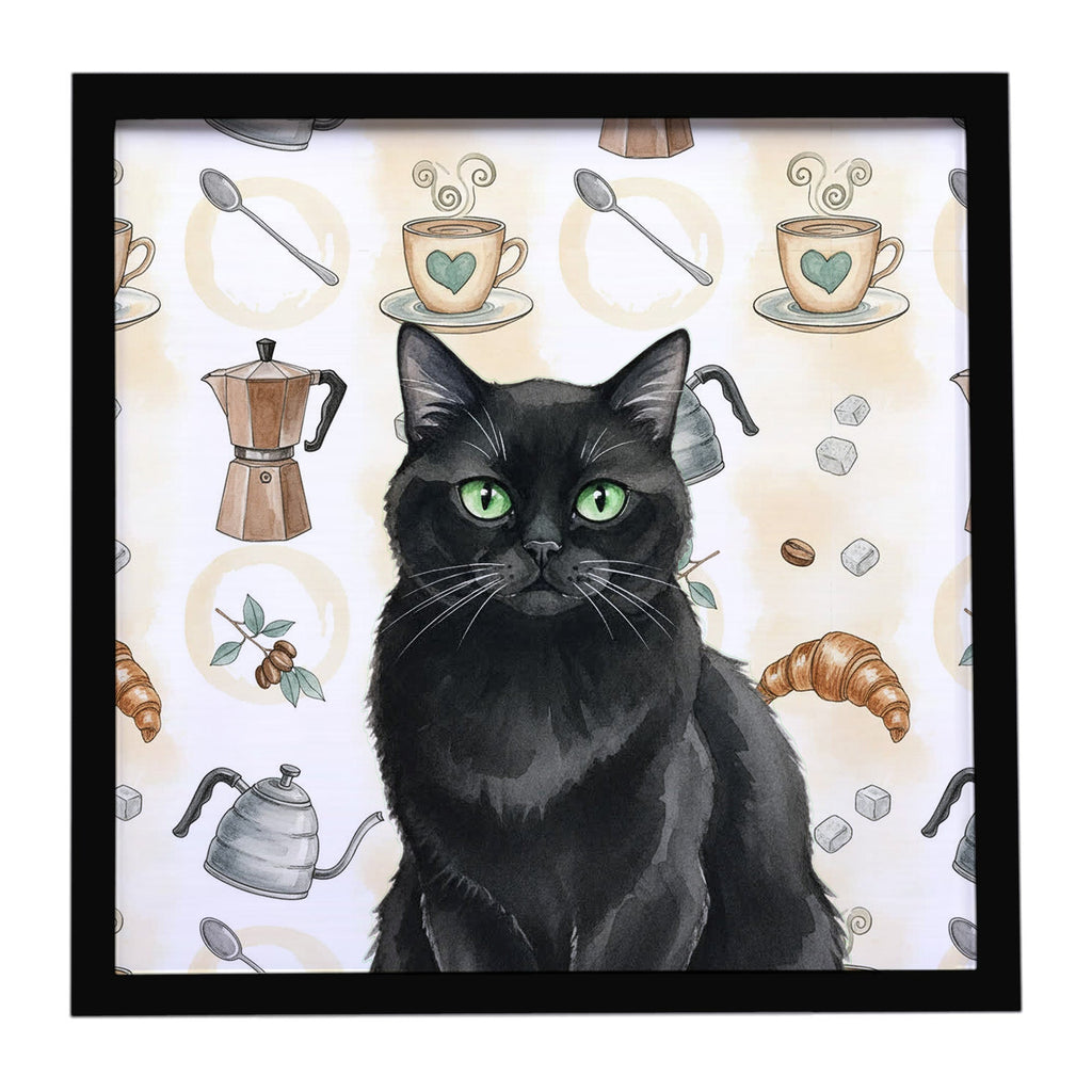 Persian Black Cat Coffee Time Framed Metal Print Bathroom, Kitchen, Office, Home Decor Wall Art Ready to Hang, Square, 8X8