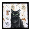 Persian Black Cat Coffee Time Framed Metal Print Bathroom, Kitchen, Office, Home Decor Wall Art Ready to Hang, Square, 8X8