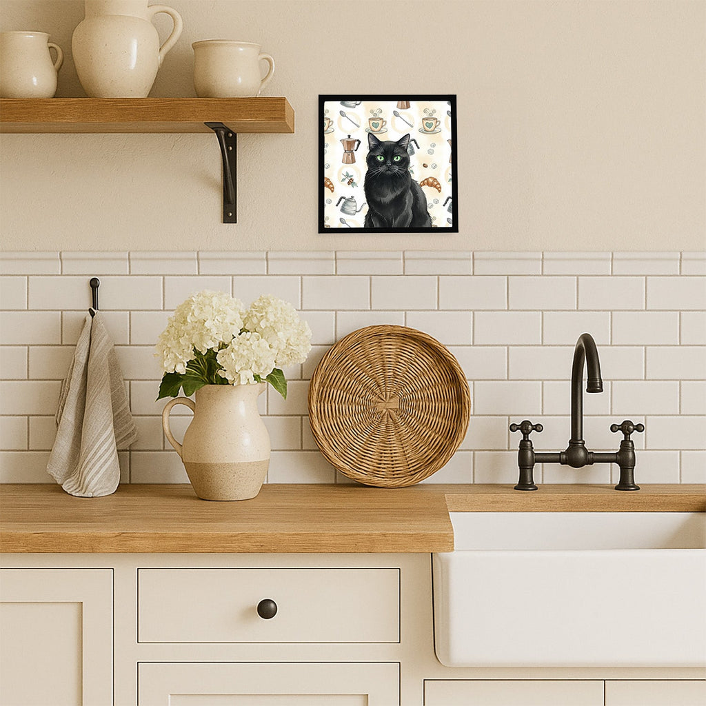 Persian Black Cat Coffee Time Framed Metal Print Bathroom, Kitchen, Office, Home Decor Wall Art Ready to Hang, Square, 8X8