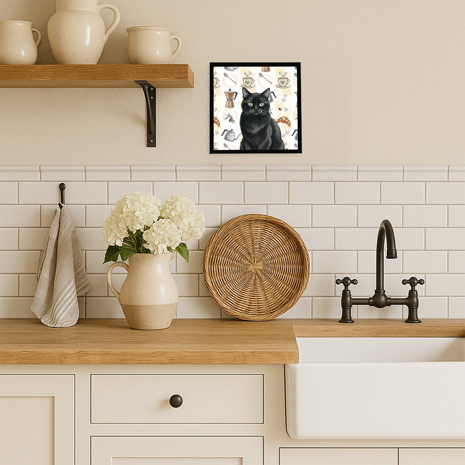 Persian Black Cat Coffee Time Framed Metal Print Bathroom, Kitchen, Office, Home Decor Wall Art Ready to Hang, Square, 8X8
