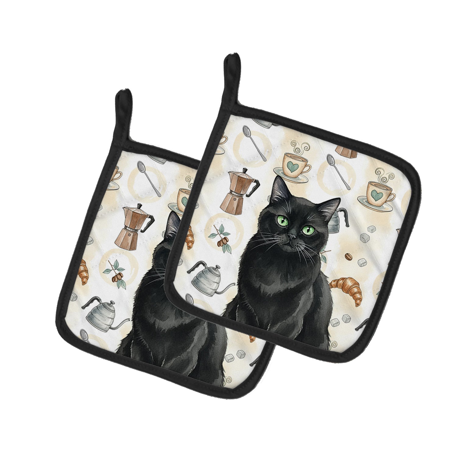 Persian Black Cat Coffee Time Pot Holder Set of 2 Heat Resistant Quilted Hot Pads 7.5 x 7.5 Inch, Insulated Kitchen Trivets for Cooking & Baking