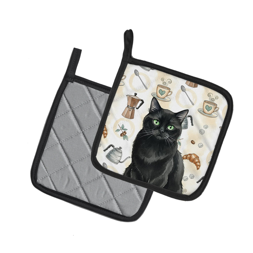 Persian Black Cat Coffee Time Pot Holder Set of 2 Heat Resistant Quilted Hot Pads 7.5 x 7.5 Inch, Insulated Kitchen Trivets for Cooking & Baking