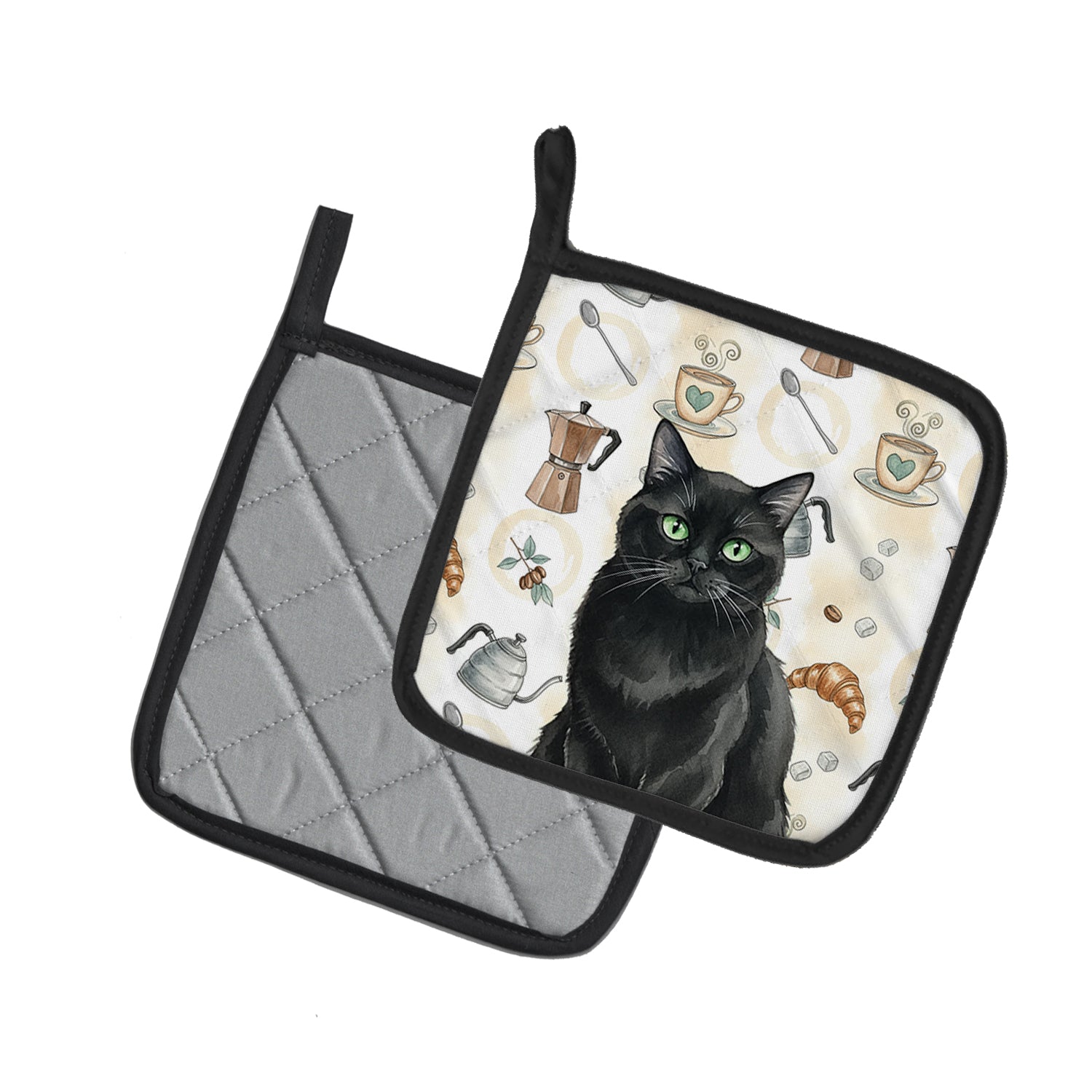 Persian Black Cat Coffee Time Pot Holder Set of 2 Heat Resistant Quilted Hot Pads 7.5 x 7.5 Inch, Insulated Kitchen Trivets for Cooking & Baking
