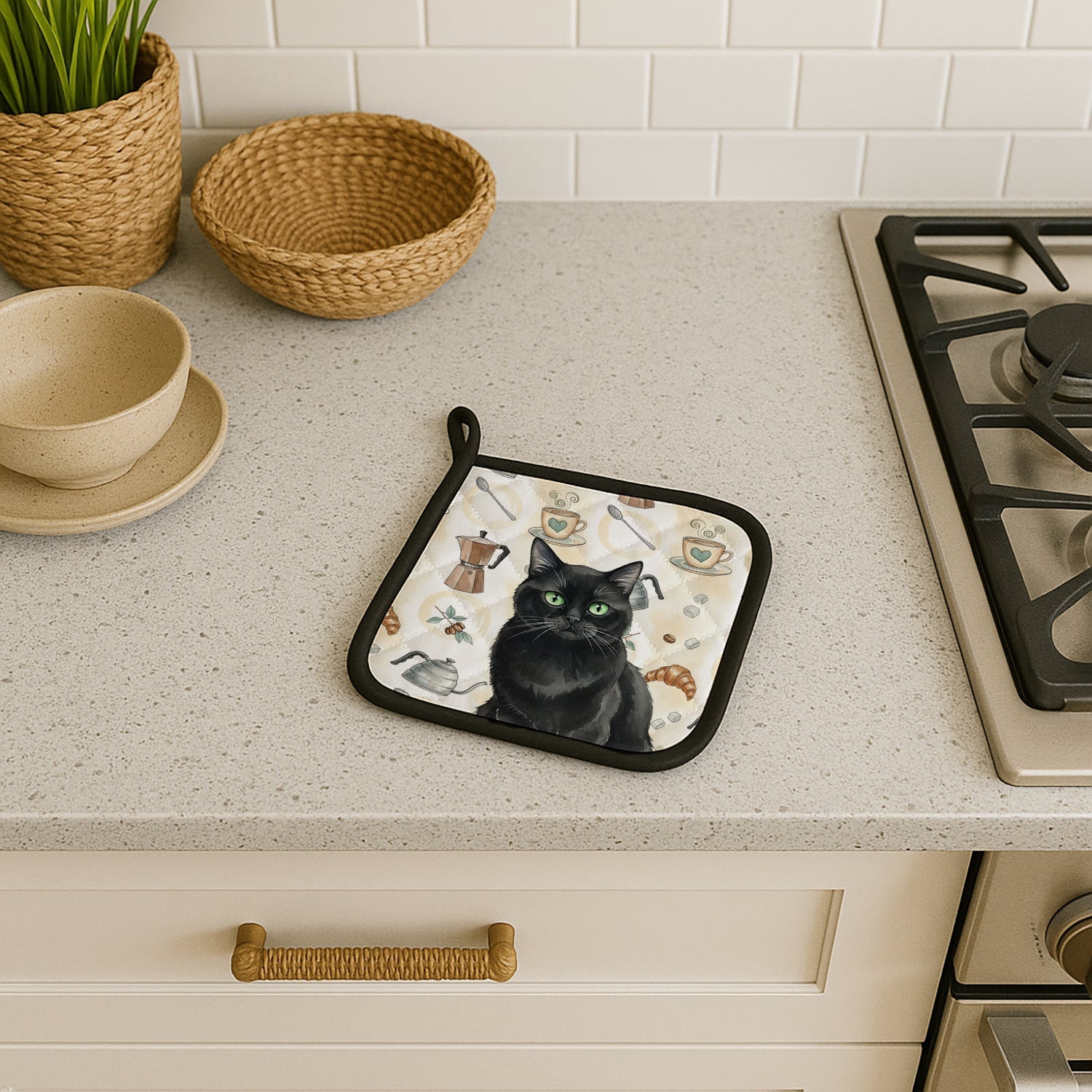 Persian Black Cat Coffee Time Pot Holder Set of 2 Heat Resistant Quilted Hot Pads 7.5 x 7.5 Inch, Insulated Kitchen Trivets for Cooking & Baking