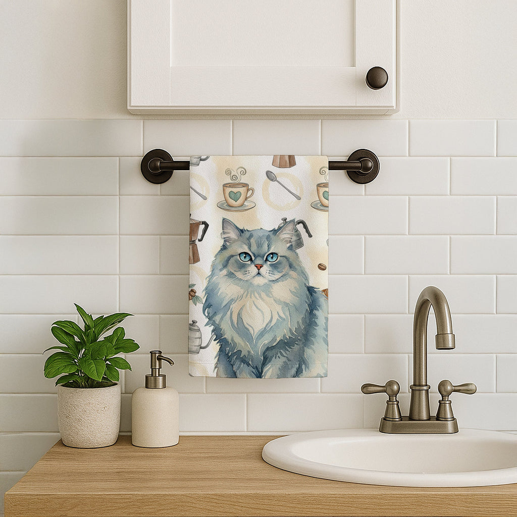 Persian Blue Cat Coffee Time Kitchen Towel Velour Plush Front and Cotton Loop Back Machine Washable
