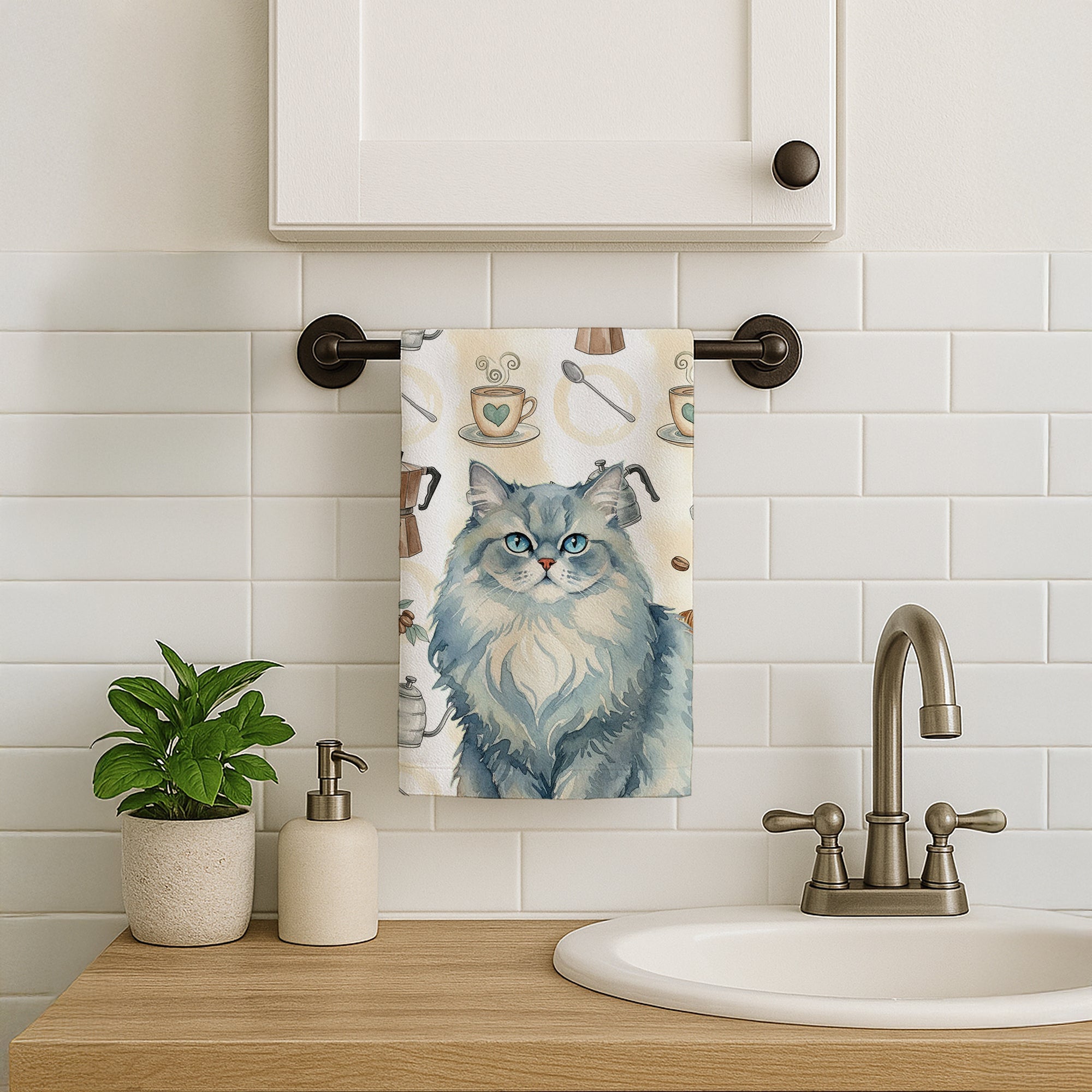 Persian Blue Cat Coffee Time Kitchen Towel Velour Plush Front and Cotton Loop Back Machine Washable