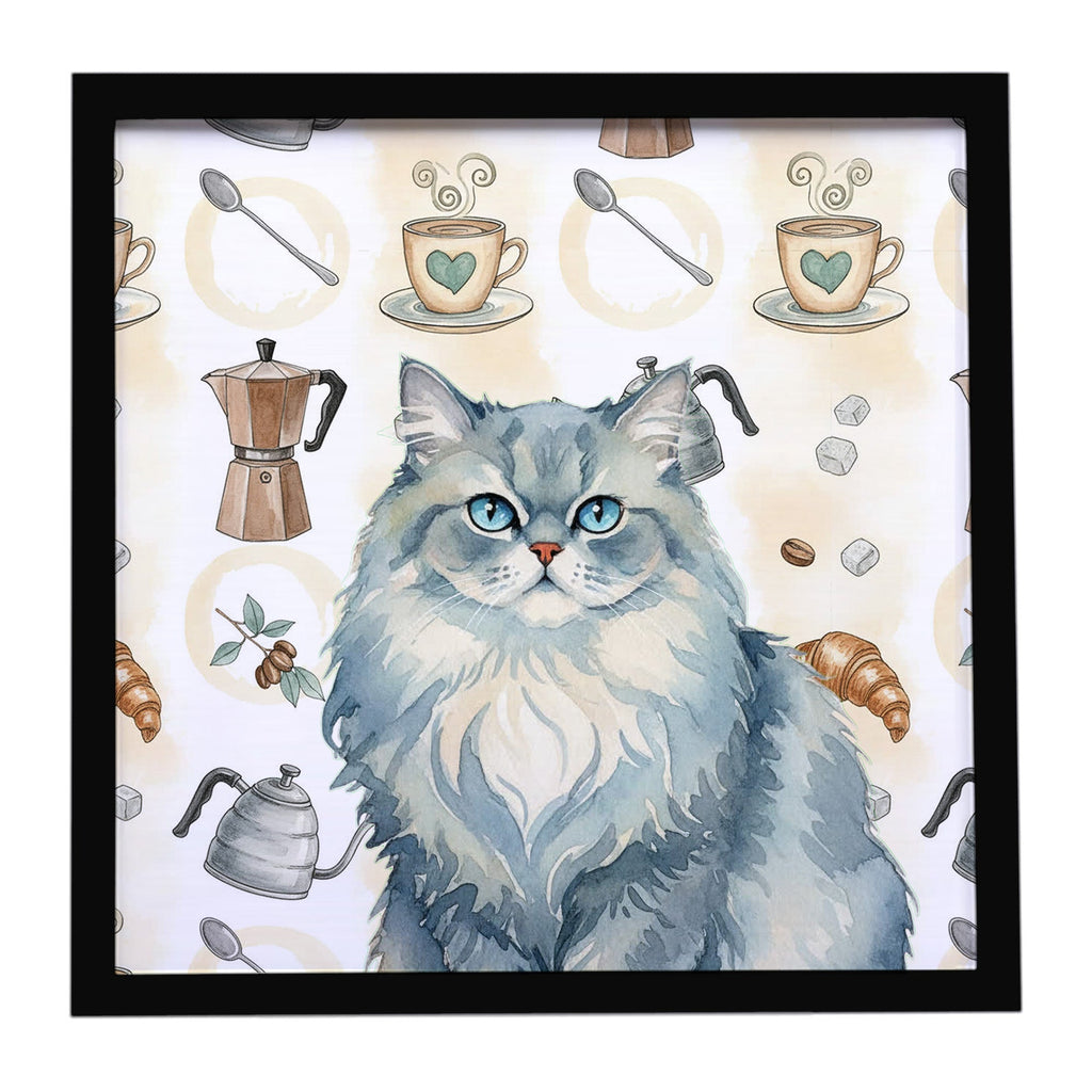 Persian Blue Cat Coffee Time Framed Metal Print Bathroom, Kitchen, Office, Home Decor Wall Art Ready to Hang, Square, 8X8