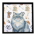Persian Blue Cat Coffee Time Framed Metal Print Bathroom, Kitchen, Office, Home Decor Wall Art Ready to Hang, Square, 8X8