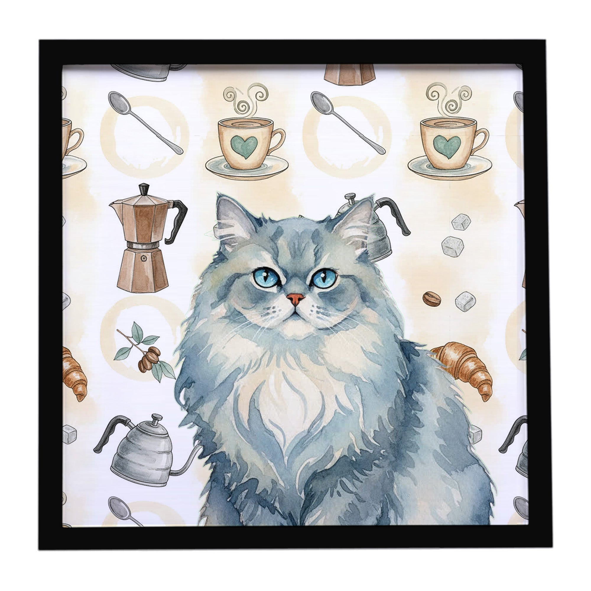 Persian Blue Cat Coffee Time Framed Metal Print Bathroom, Kitchen, Office, Home Decor Wall Art Ready to Hang, Square, 8X8