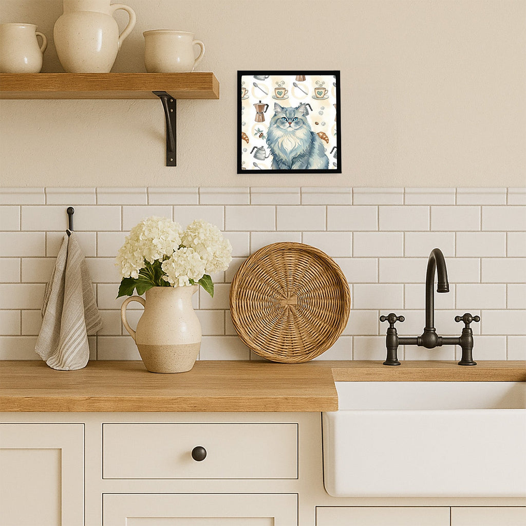 Persian Blue Cat Coffee Time Framed Metal Print Bathroom, Kitchen, Office, Home Decor Wall Art Ready to Hang, Square, 8X8