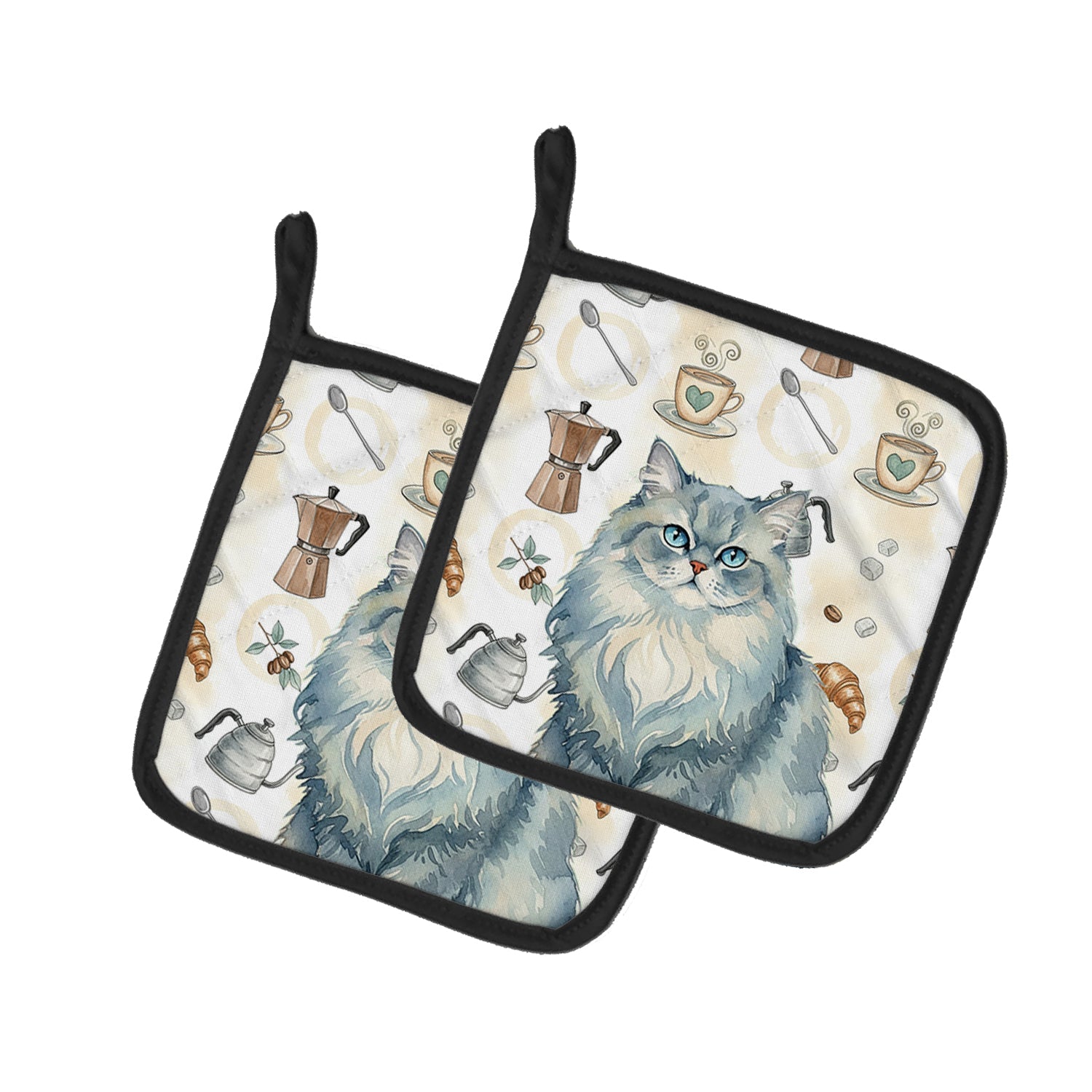 Persian Blue Cat Coffee Time Pot Holder Set of 2 Heat Resistant Quilted Hot Pads 7.5 x 7.5 Inch, Insulated Kitchen Trivets for Cooking & Baking