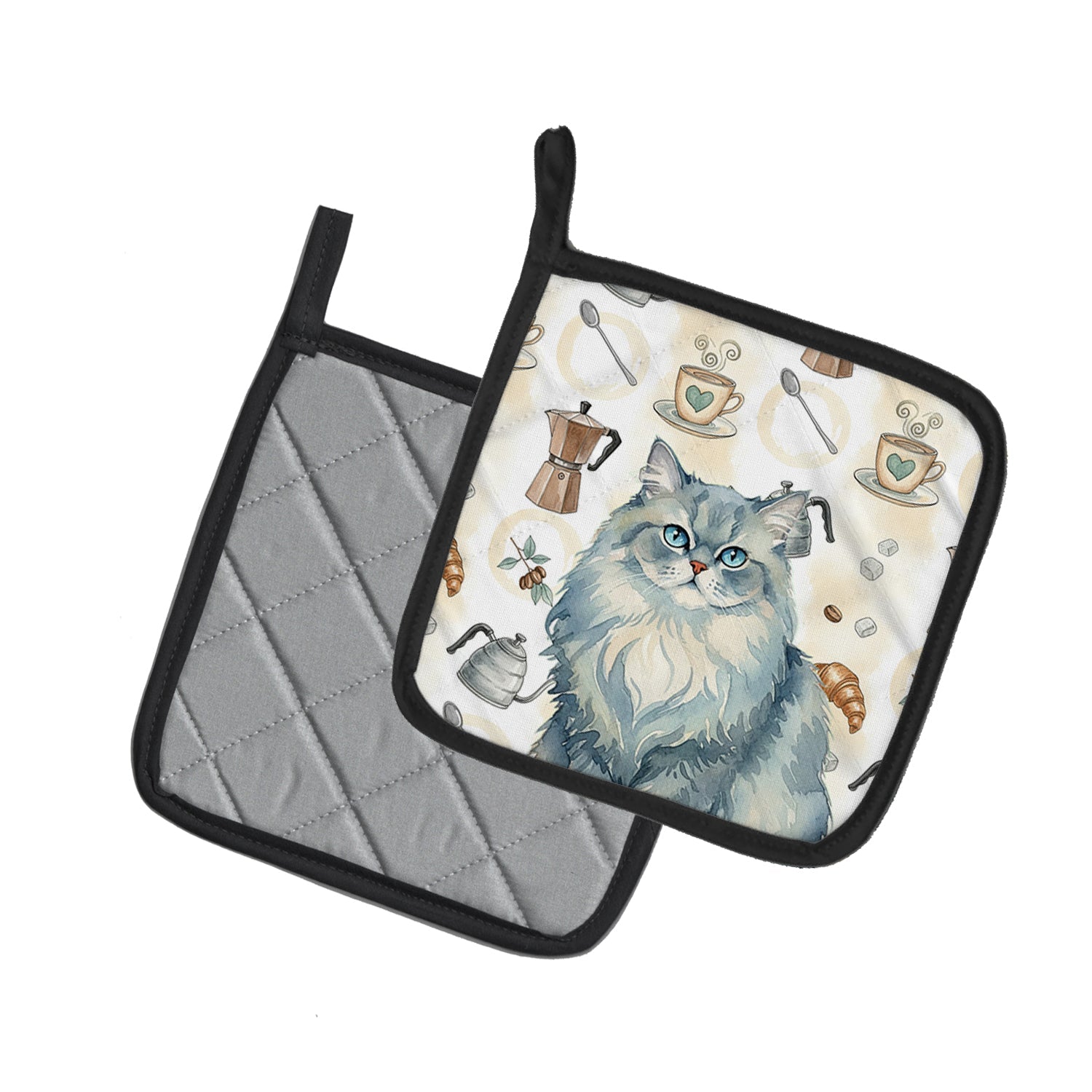Persian Blue Cat Coffee Time Pot Holder Set of 2 Heat Resistant Quilted Hot Pads 7.5 x 7.5 Inch, Insulated Kitchen Trivets for Cooking & Baking