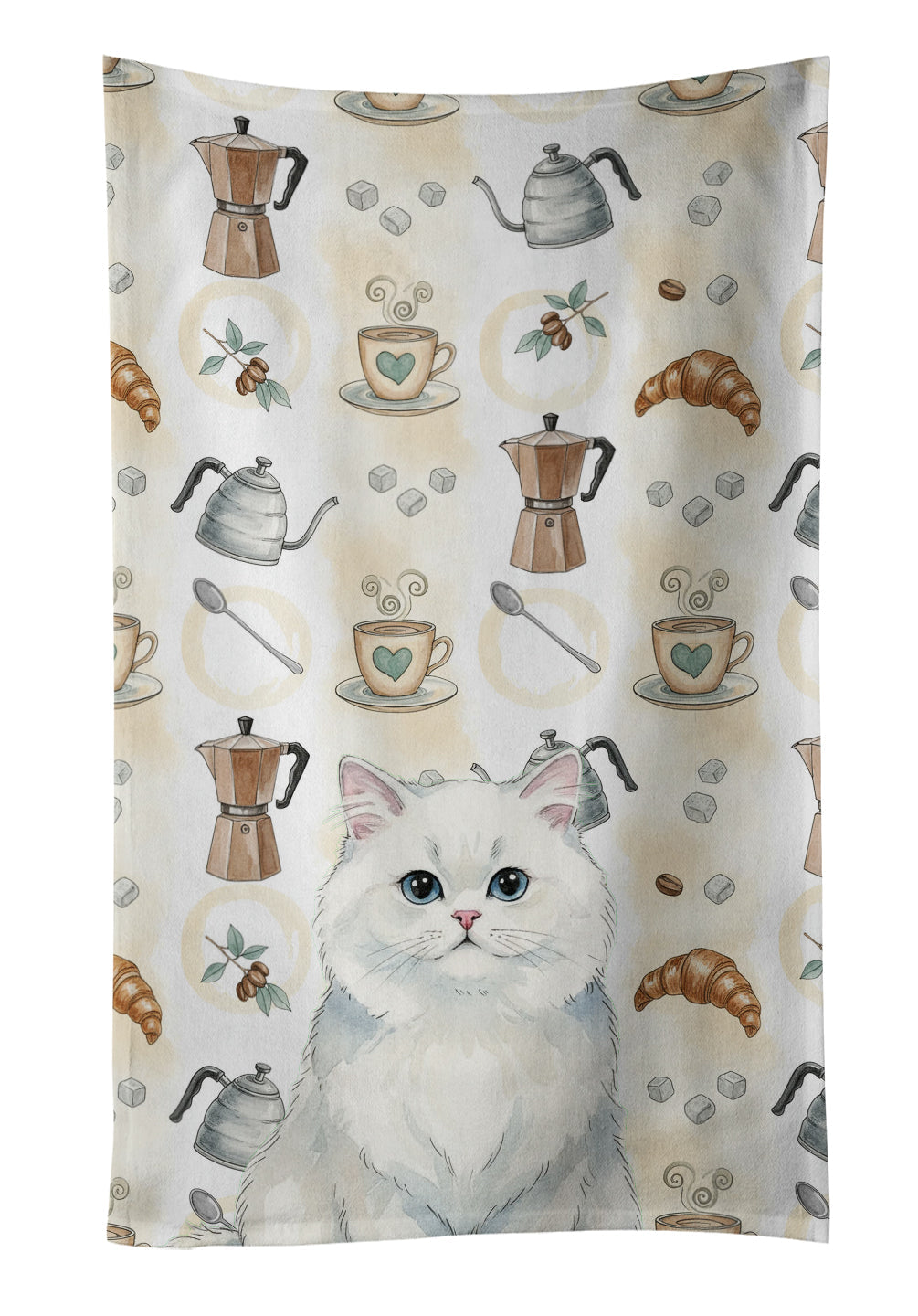 Persian White Cat Coffee Time Kitchen Towel Velour Plush Front and Cotton Loop Back Machine Washable