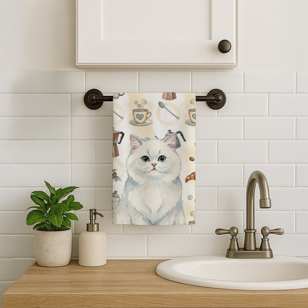 Persian White Cat Coffee Time Kitchen Towel Velour Plush Front and Cotton Loop Back Machine Washable