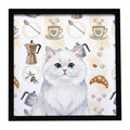 Persian White Cat Coffee Time Framed Metal Print Bathroom, Kitchen, Office, Home Decor Wall Art Ready to Hang, Square, 8X8