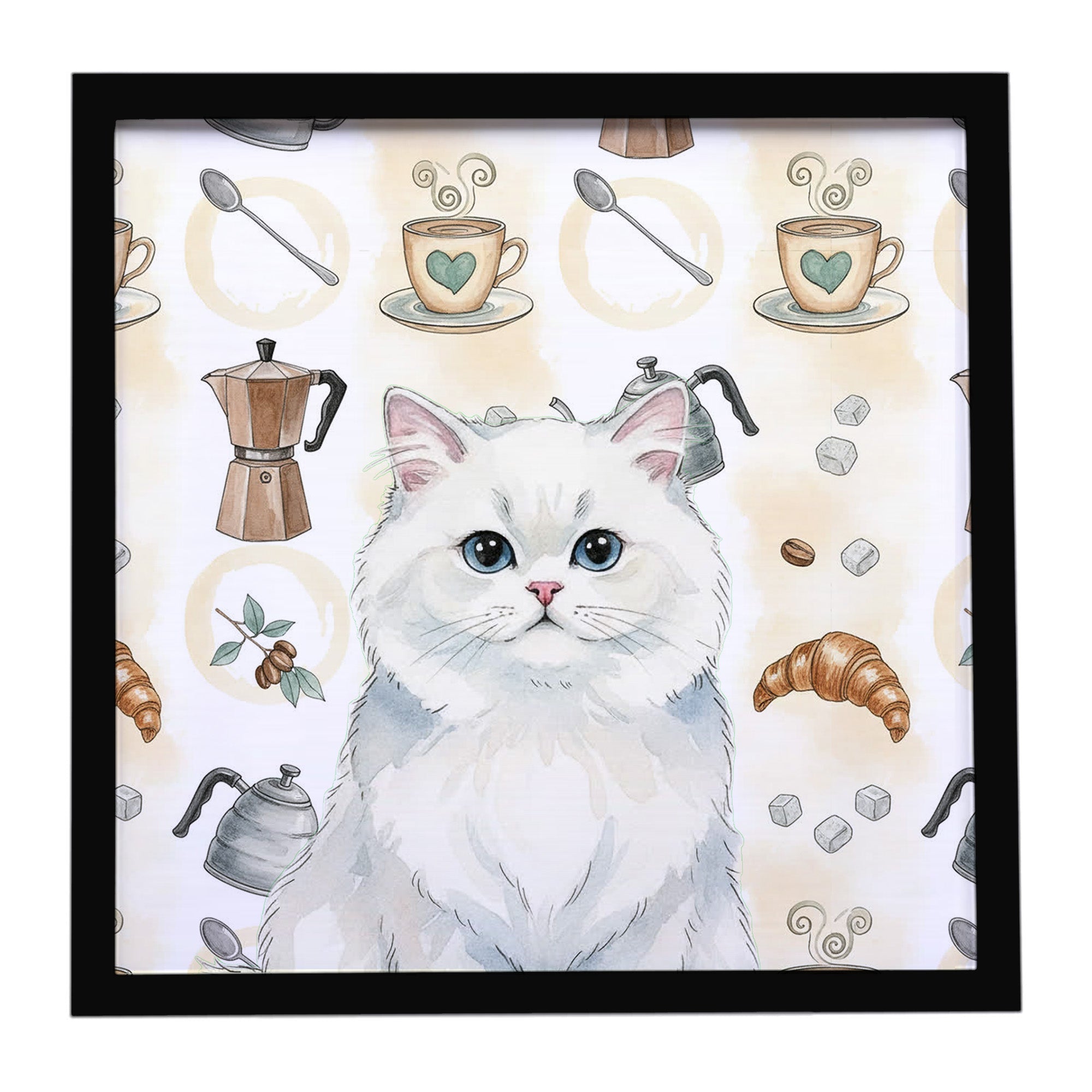 Persian White Cat Coffee Time Framed Metal Print Bathroom, Kitchen, Office, Home Decor Wall Art Ready to Hang, Square, 8X8