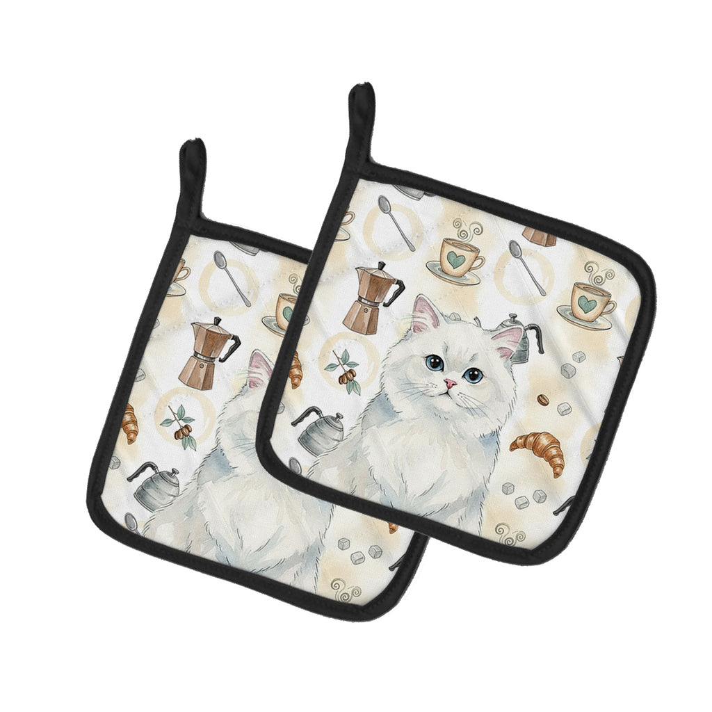 Persian White Cat Coffee Time Pot Holder Set of 2 Heat Resistant Quilted Hot Pads 7.5 x 7.5 Inch, Insulated Kitchen Trivets for Cooking & Baking